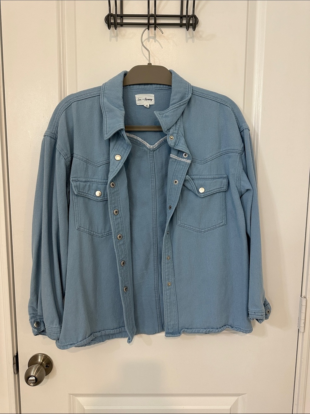Light Blue Denim Shacket with Paper Bag Shorts Set